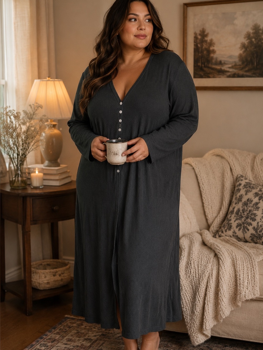 Indigo Thread Made In Italy Gray Ribbed Split Front Cozy Chic Maxi Dress Size 2X